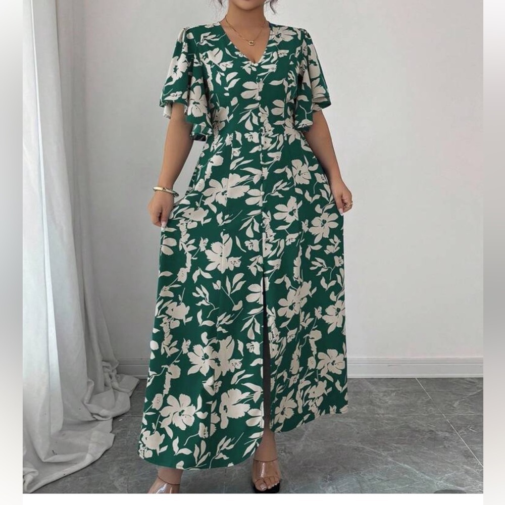 Shein Green & Cream Floral Dress Size 3X - Picture 3 of 11